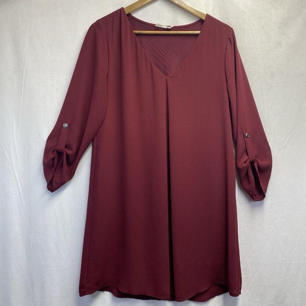 LUSH Lined V-Neck Roll Tab 3/4 Sleeve Casual Shift Dress Women Medium Burgundy